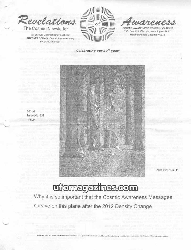 Cover of Cosmic Awareness - 2001 01 - dimension alien cosmic law vibration ascension 2012 fear law of religion law of security