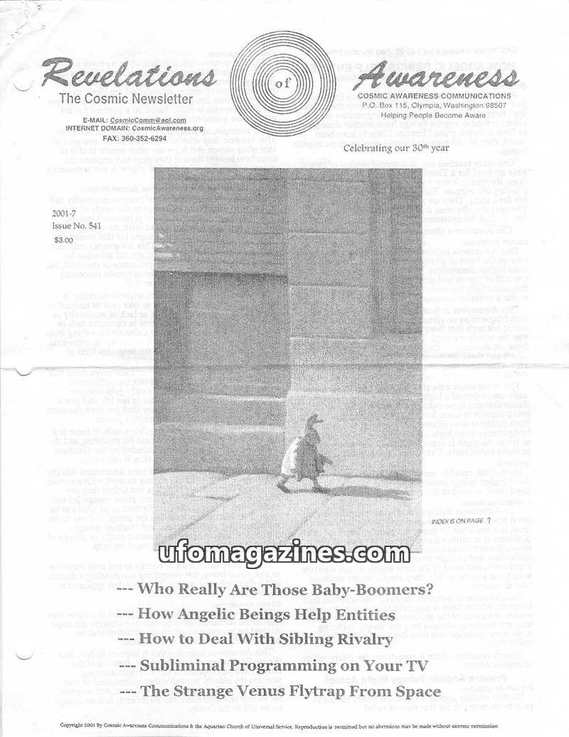 Cover of Cosmic Awareness - 2001 07 - children health prayer television space alien war egypt religion sphynx