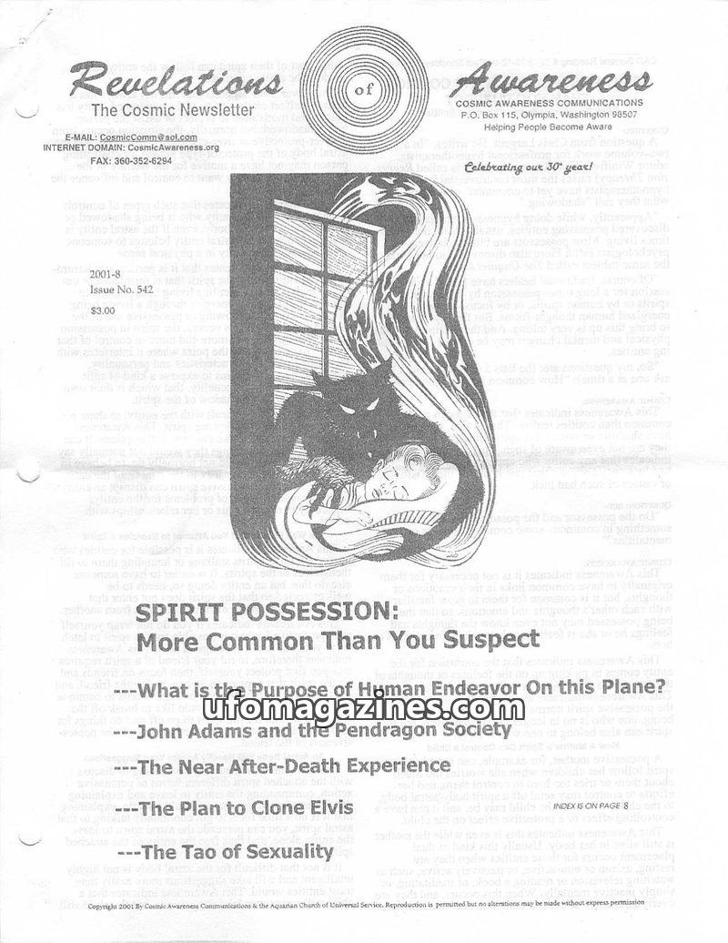 Cover of Cosmic Awareness - 2001 08 - psychology mind subconscious afterlife death dream thought form meditation health astral projection