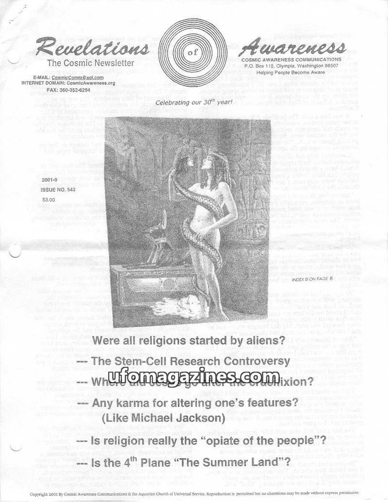 Cover of Cosmic Awareness - 2001 09 - religion christianity jesus god church heaven hell politics christ music