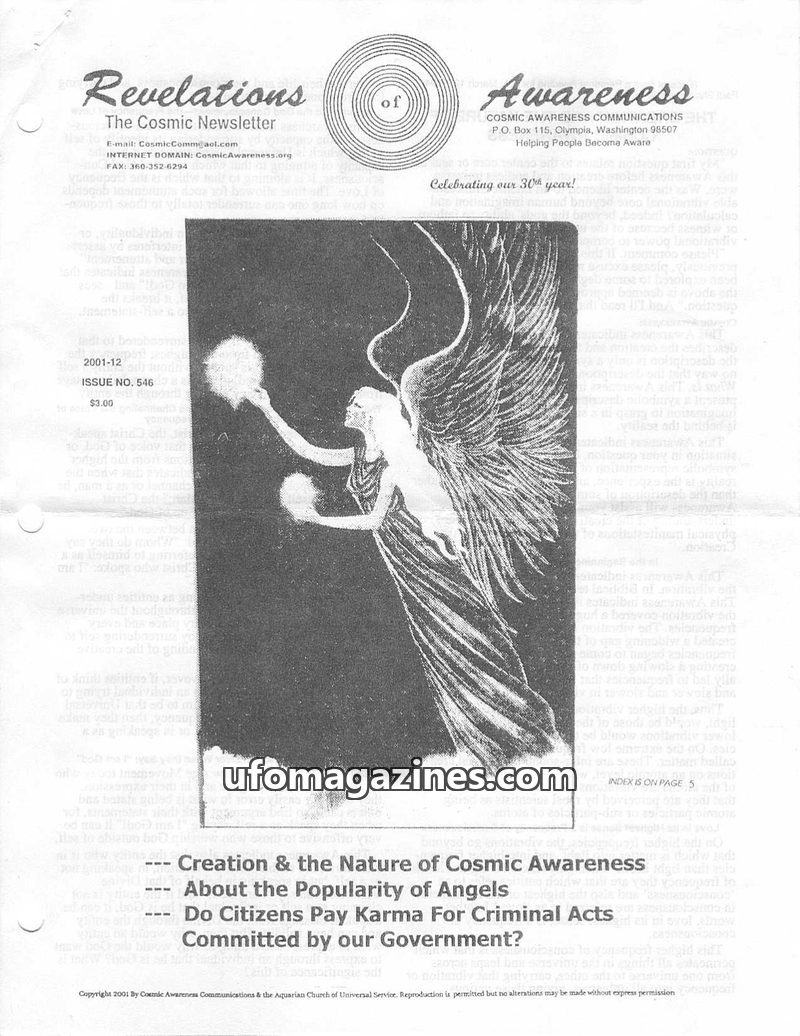 Cover of Cosmic Awareness - 2001 12 - health karma vibration god religion heal angel love marriage sex