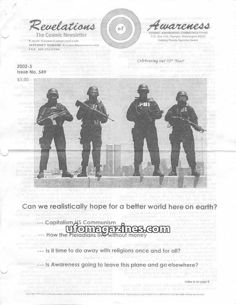 Cover of Cosmic Awareness - 2002 03 - religion alien christianity money psychology mind banking rothschild subconscious new world order