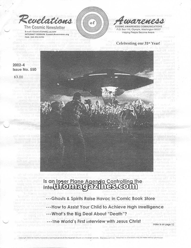Cover of Cosmic Awareness - 2002 04 - religion alien vibration christianity war psychology dimension car mind channel