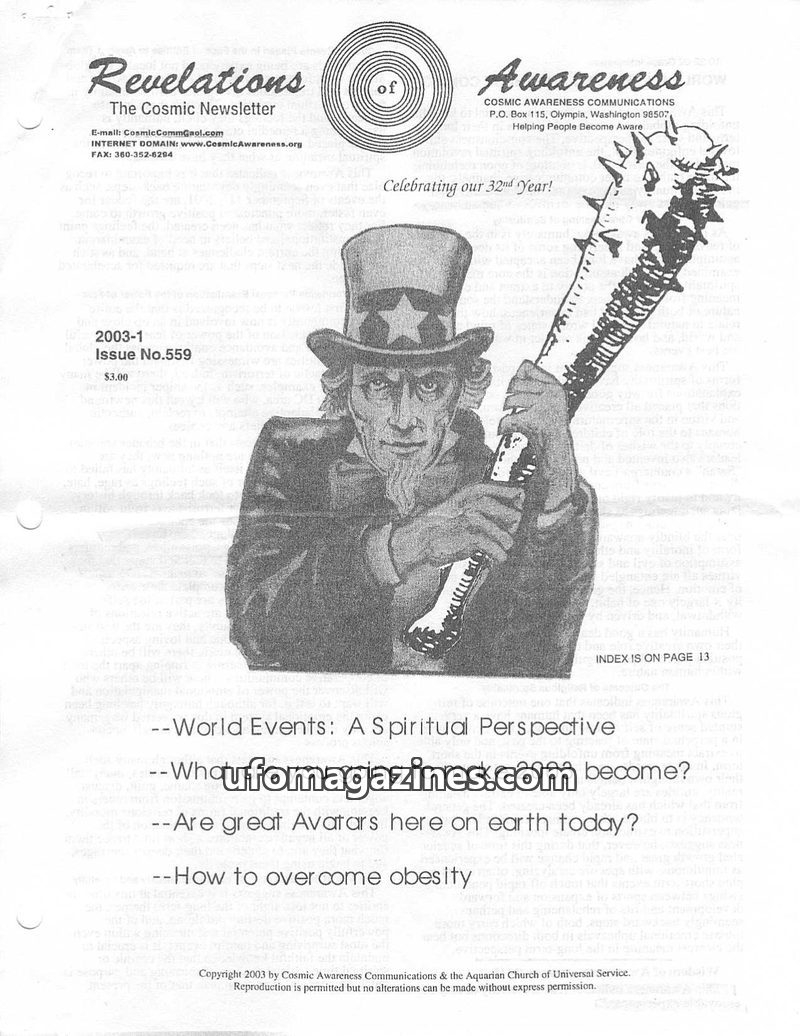 Cover of Cosmic Awareness - 2003 01 - psychology mind cloud subconscious alien space mars religion grace prayer