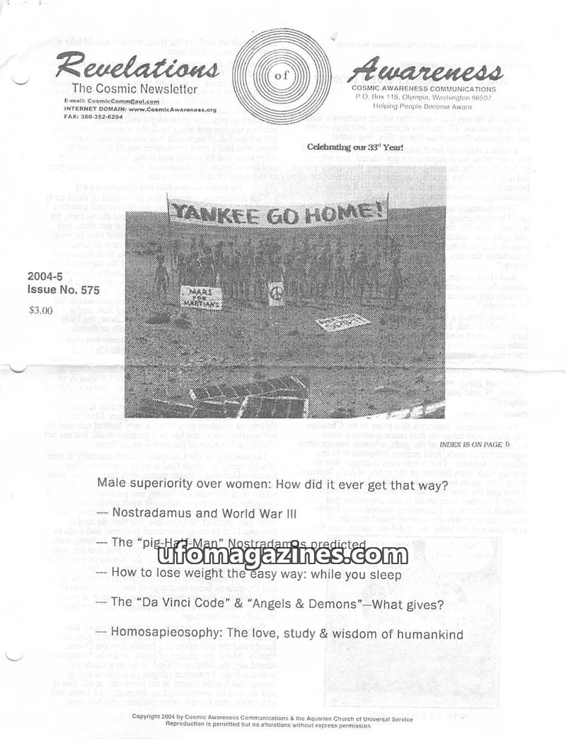 Cover of Cosmic Awareness - 2004 05 - alien health religion war time travel christianity nostradamus love cure music