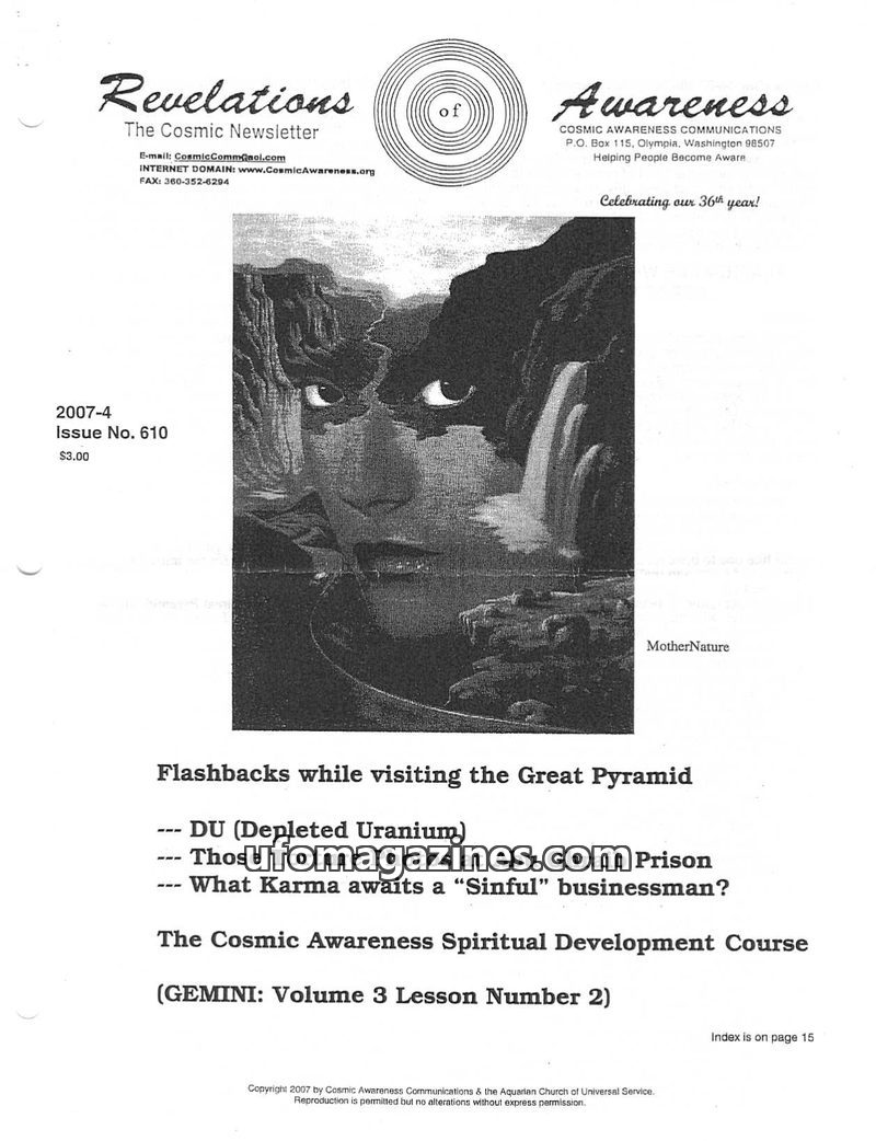 Cover of Cosmic Awareness - 2007 04 - religion health christianity pyramid glaucoma jesus god hell eckankar karma