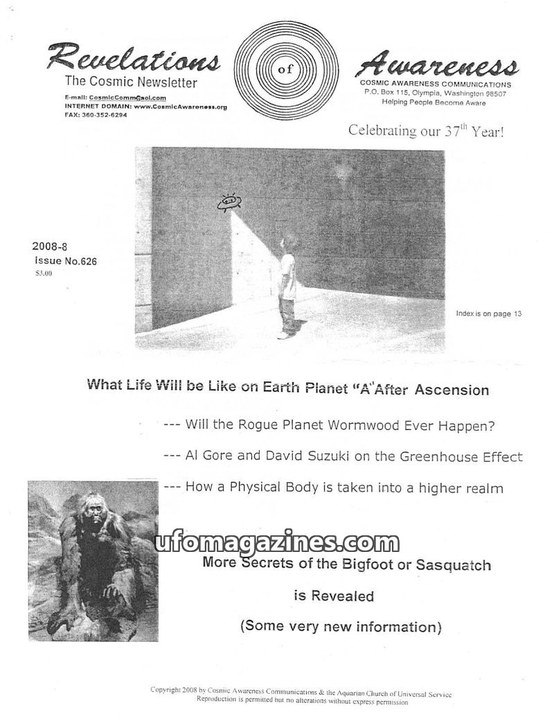 Cover of Cosmic Awareness - 2008 08 - bigfoot ascension planet a planet b alien karma afterlife dna religion sleep