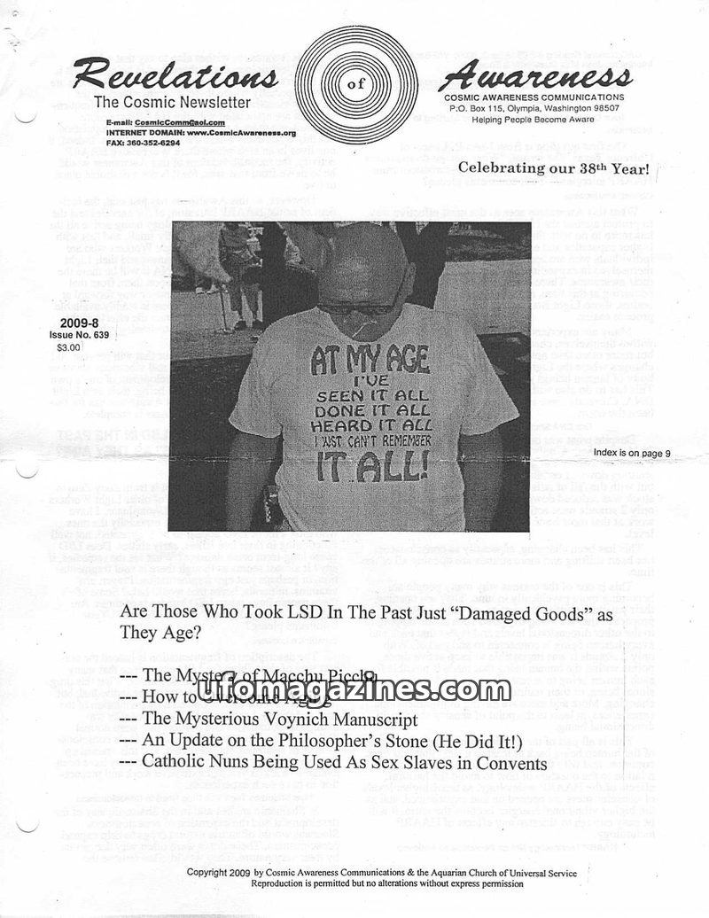 Cover of Cosmic Awareness - 2009 08 - drug health religion lsd soul heal christianity machu picchu catholic atlantis