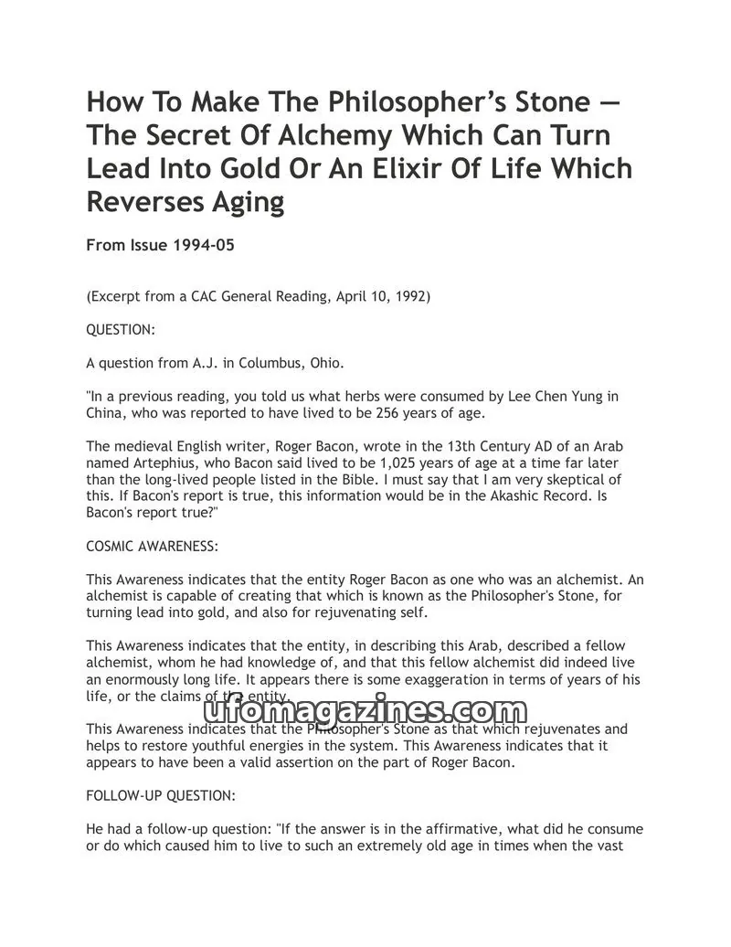 Cover of Cosmic Awareness issue 1994-05: How To Make The Philosopher's Stone — The Secret Of Alchemy Which Can Turn Lead Into Gold Or An Elixir Of Life Which Reverses Aging