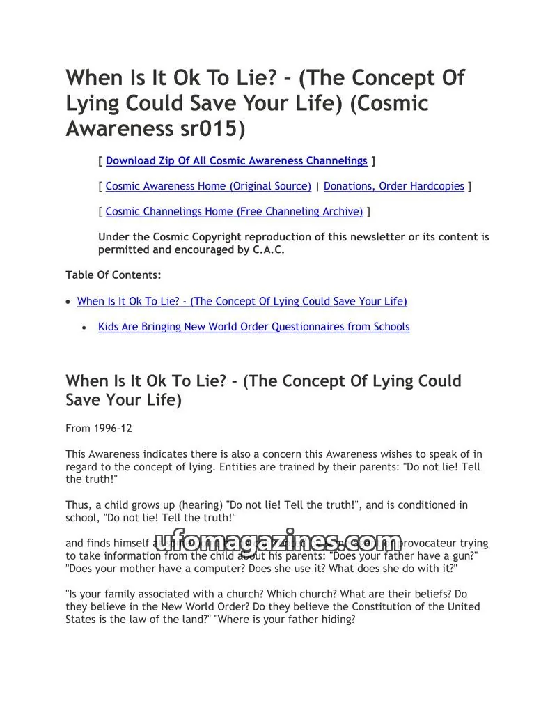 Cover of Cosmic Awareness issue sr015: When Is It Ok To Lie? - (The Concept Of Lying Could Save Your Life)
