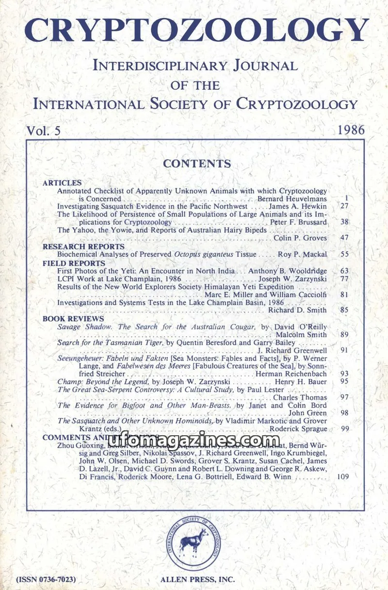 Cover of INTERNATIONAL SOCIETY OF CRYPTOZOOLOGY issue 5: CRYPTOZOOLOGY
