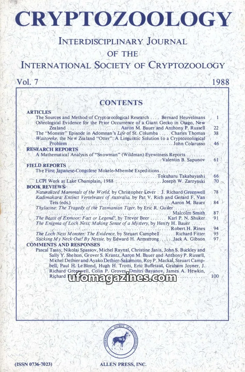 Cover of INTERNATIONAL SOCIETY OF CRYPTOZOOLOGY issue Vol. 7: CRYPTOZOOLOGY