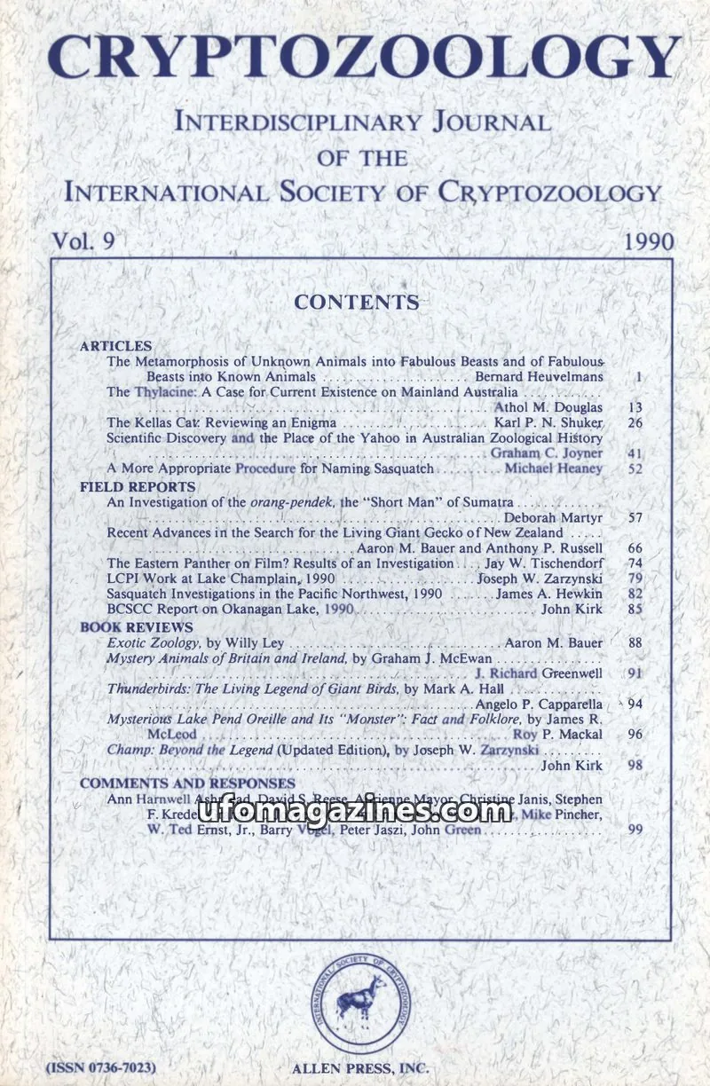 Cover of INTERNATIONAL SOCIETY OF CRYPTOZOOLOGY issue 9: CRYPTOZOOLOGY