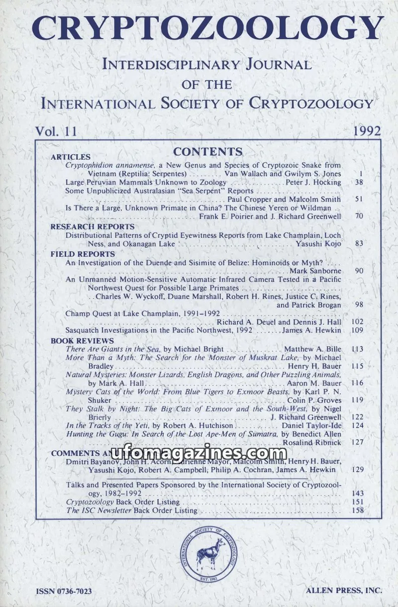 Cover of INTERNATIONAL SOCIETY OF CRYPTOZOOLOGY issue 11: CRYPTOZOOLOGY