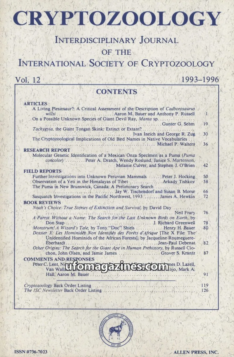 Cover of INTERNATIONAL SOCIETY OF CRYPTOZOOLOGY issue 12: CRYPTOZOOLOGY