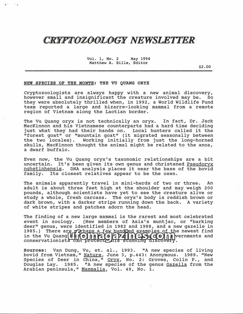 Cover of Cryptozoology Newsletter (Matt Bille) issue Vol. 1, No. 2: CRYPTOZOOLOGY NEWSLETTER