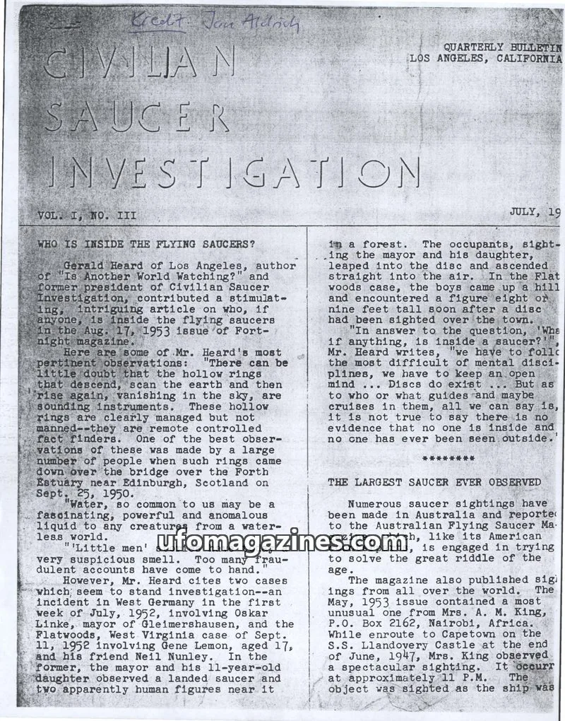 Cover of CSI Quarterly issue VOL. I, NO. III: CIVILIAN SAUCER INVESTIGATION