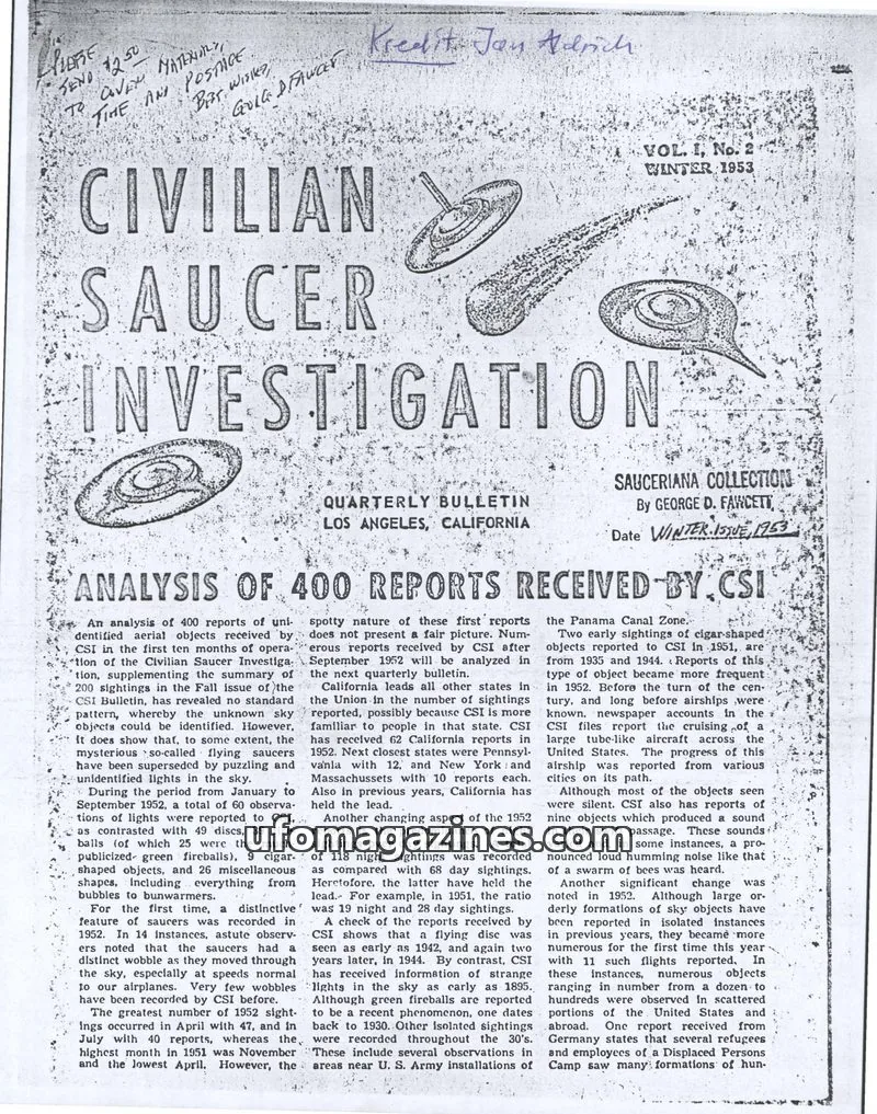 Cover of CSI issue VOL. 1, No. 2: CIVILIAN SAUCER INVESTIGATION