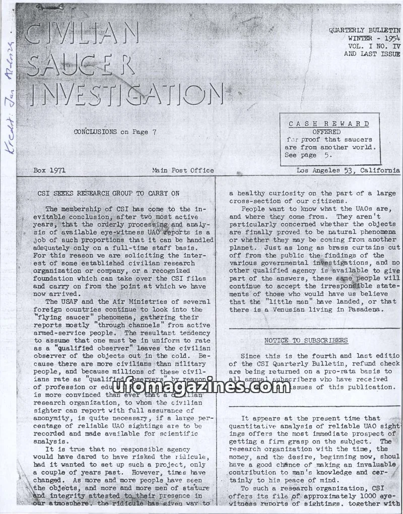 Cover of CSI issue VOL. I NO. IV AND LAST ISSUE: CIVILIAN SAUCER INVESTIGATION