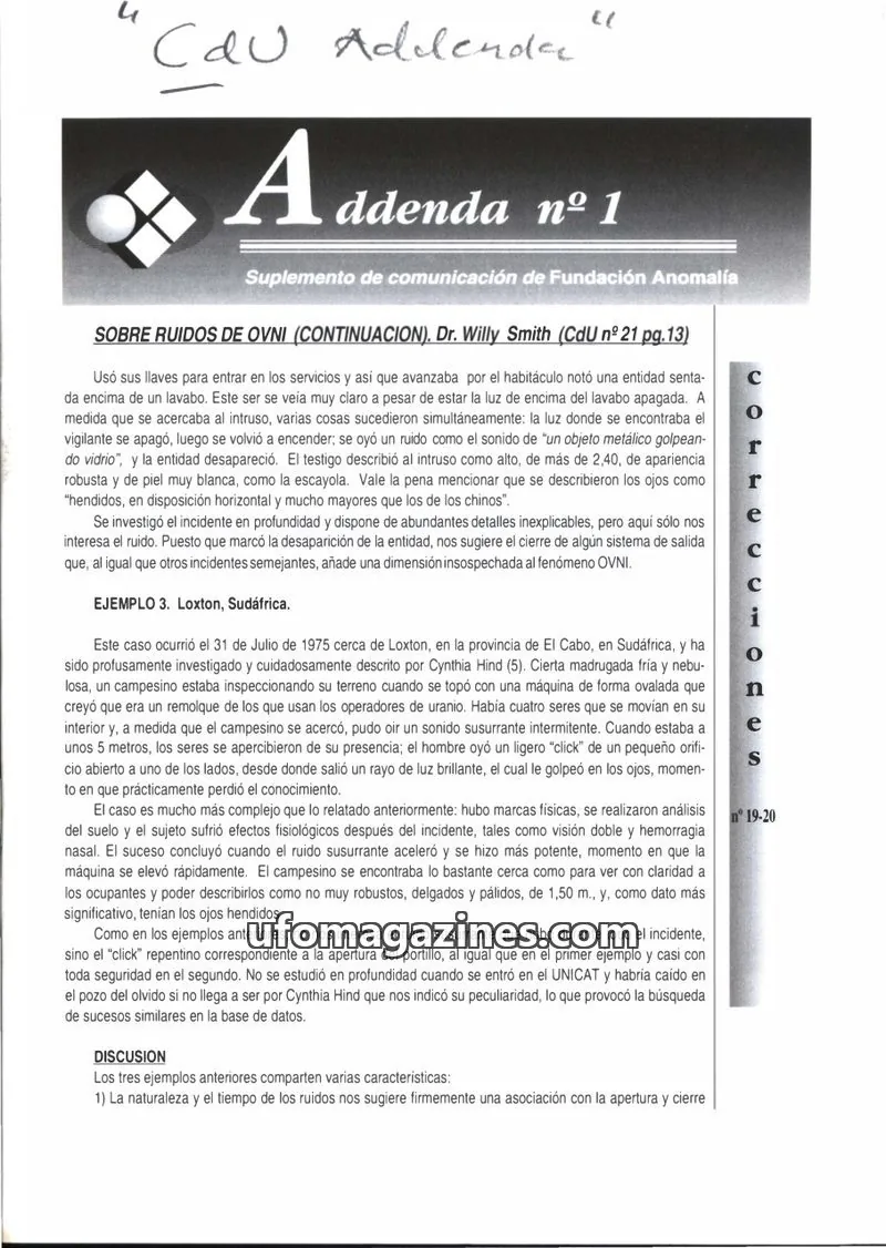 Cover of Cuadernos de Ufologia Addenda (Fundacion Anomalia) issue 1: Addenda nº 1