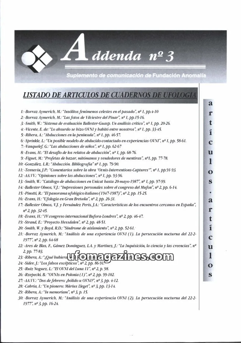 Cover of Cuadernos de Ufologia Addenda (Fundacion Anomalia) issue 3: Addenda nº 3