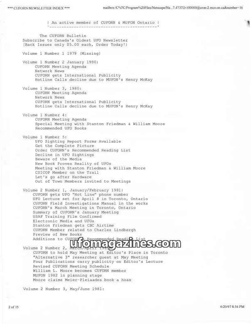 Cover of CUFORN issue 1-6: CUFORN NEWSLETTER INDEX