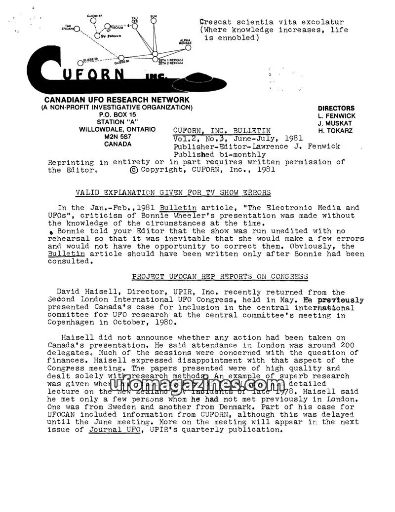 Cover of CUFORN (Canada, Fenwick) issue Vol.2, No.3: CUFORN BULLETIN