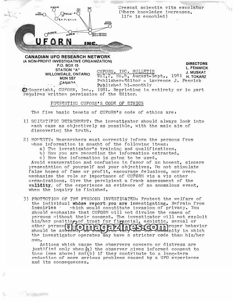 Cover of CUFORN (Canada, Fenwick) issue Vol.2, No.4: CUFORN, INC. BULLETIN