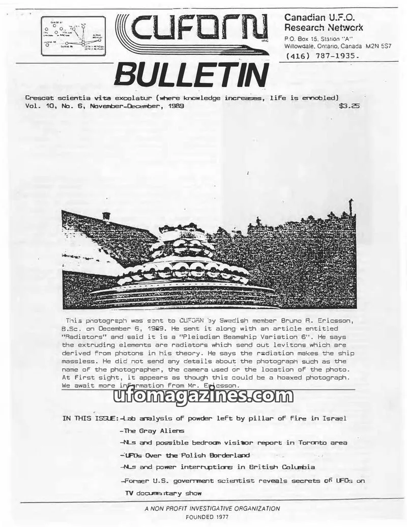 Cover of Canadian UFO Research Network, Inc. issue Vol. 10, No. 6: CUFORN BULLETIN