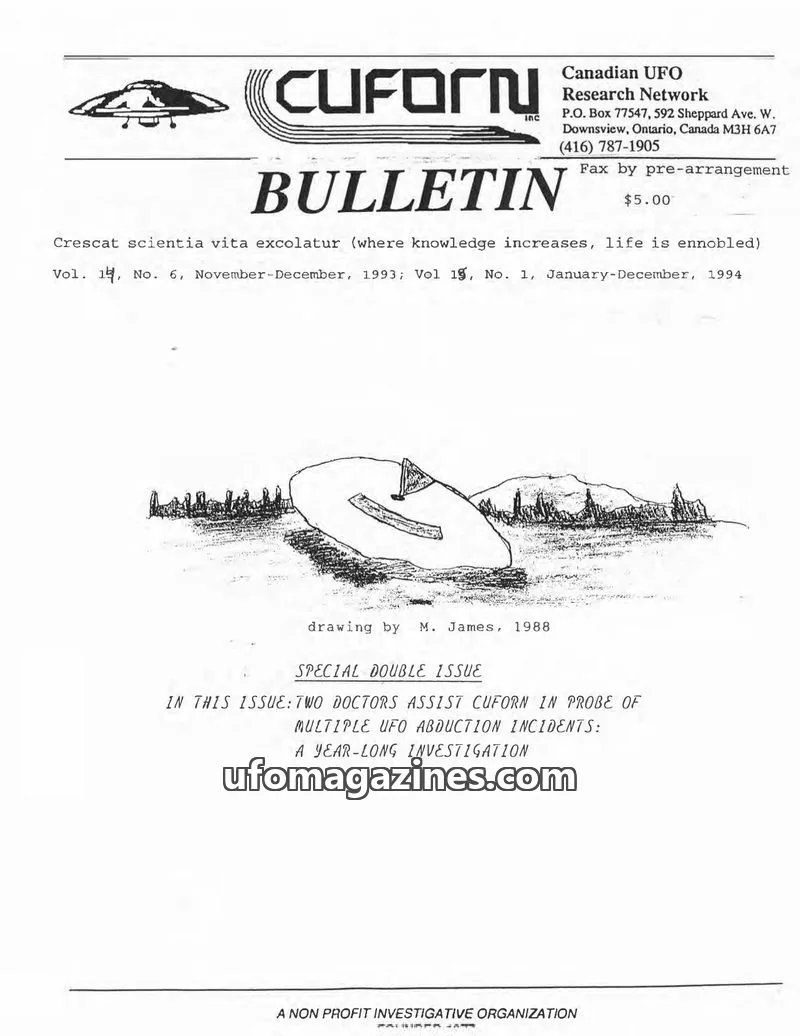 Cover of Canadian UFO Research Network, Inc. issue Vol. 13, No. 6, November-December, 1993; Vol. 14, No. 1, January-February, 1994: CUFORN BULLETIN
