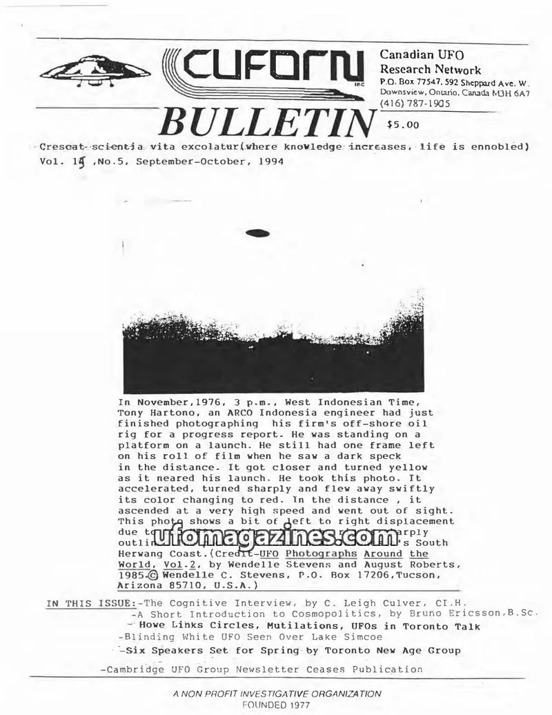 Cover of Canadian UFO Research Network, Inc. issue Vol. 14, No. 5: CUFORN BULLETIN