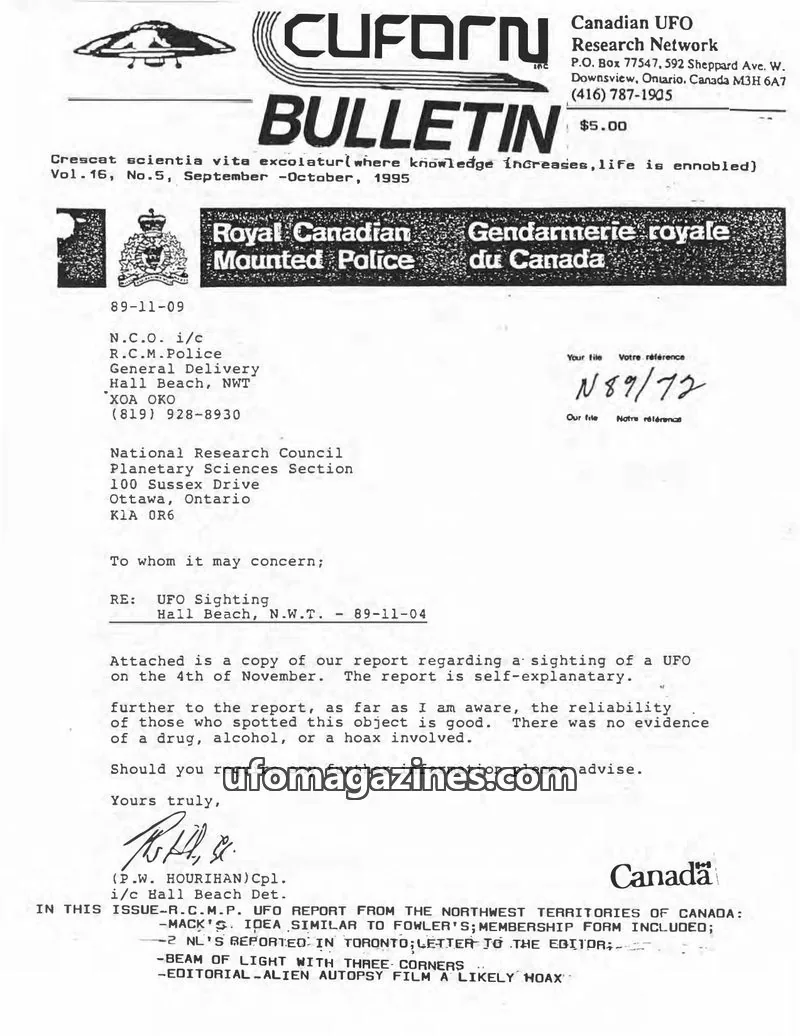 Cover of Canadian UFO Research Network, Inc. issue Vol. 16, No. 5: CUFORN BULLETIN