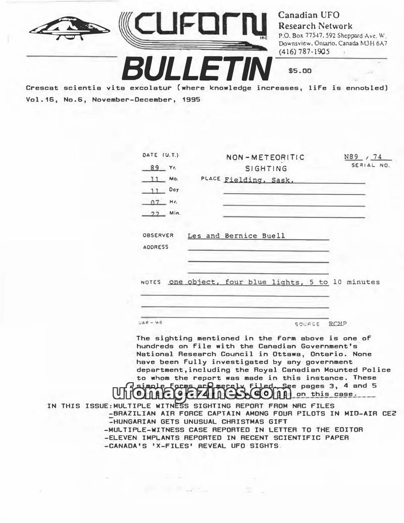 Cover of Canadian UFO Research Network, Inc. issue No. 6: CUFORN BULLETIN