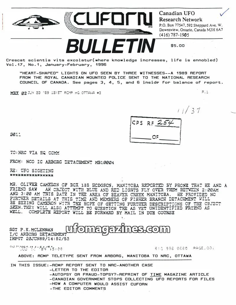 Cover of Canadian UFO Research Network, Inc. issue Vol.17, No.1: CUFORN BULLETIN