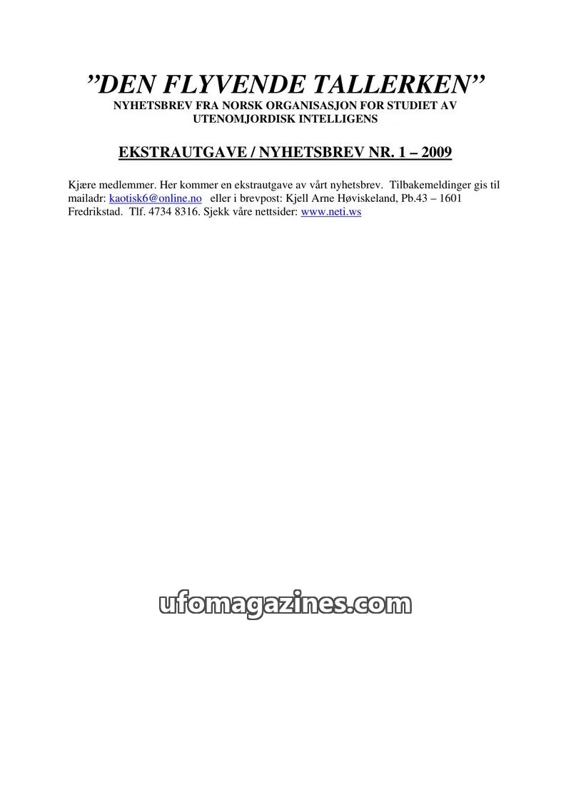 Cover of Den Flyvende Tallerken (NETI) issue NR. 1 – 2009: DEN FLYVENDE TALLERKEN