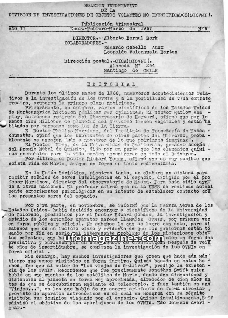 Cover of DIOVNI issue N°6: BOLETIN INFORMATIVO DE LA DIVISION DE INVESTIGACIONES DE OBJETOS VOLANTES NO IDENTIFICADOS(DIOVNI)