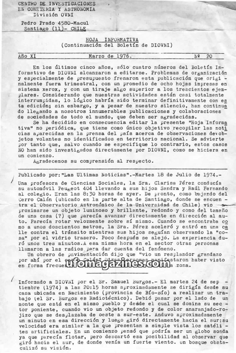 Cover of DIOVNI issue № 20: HOJA INFORMATIVA