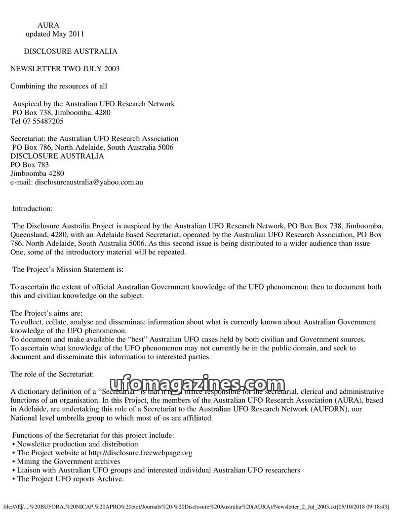 Cover of Australian UFO Research Network issue Newsletter Two: Disclosure Australia