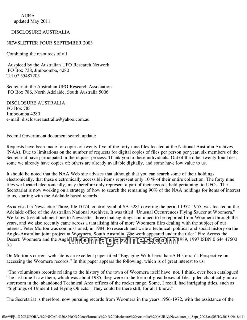 Cover of Australian UFO Research Network issue FOUR: DISCLOSURE AUSTRALIA