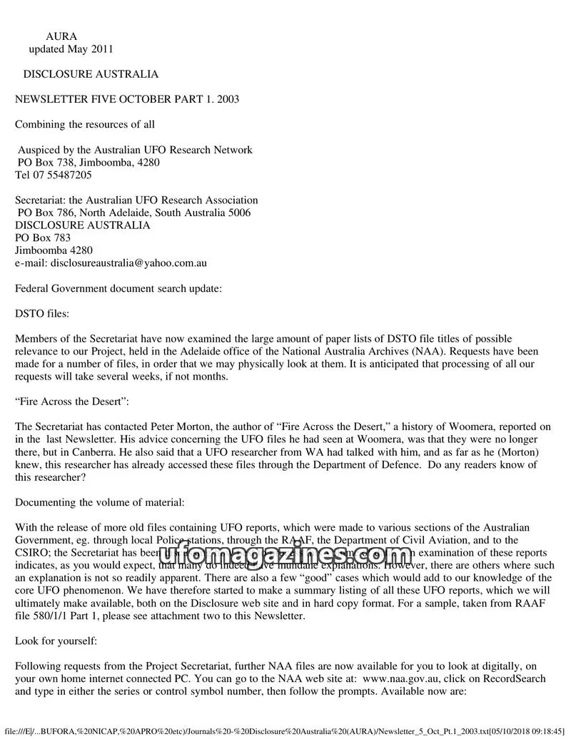 Cover of Australian UFO Research Network issue FIVE OCTOBER PART 1: DISCLOSURE AUSTRALIA NEWSLETTER