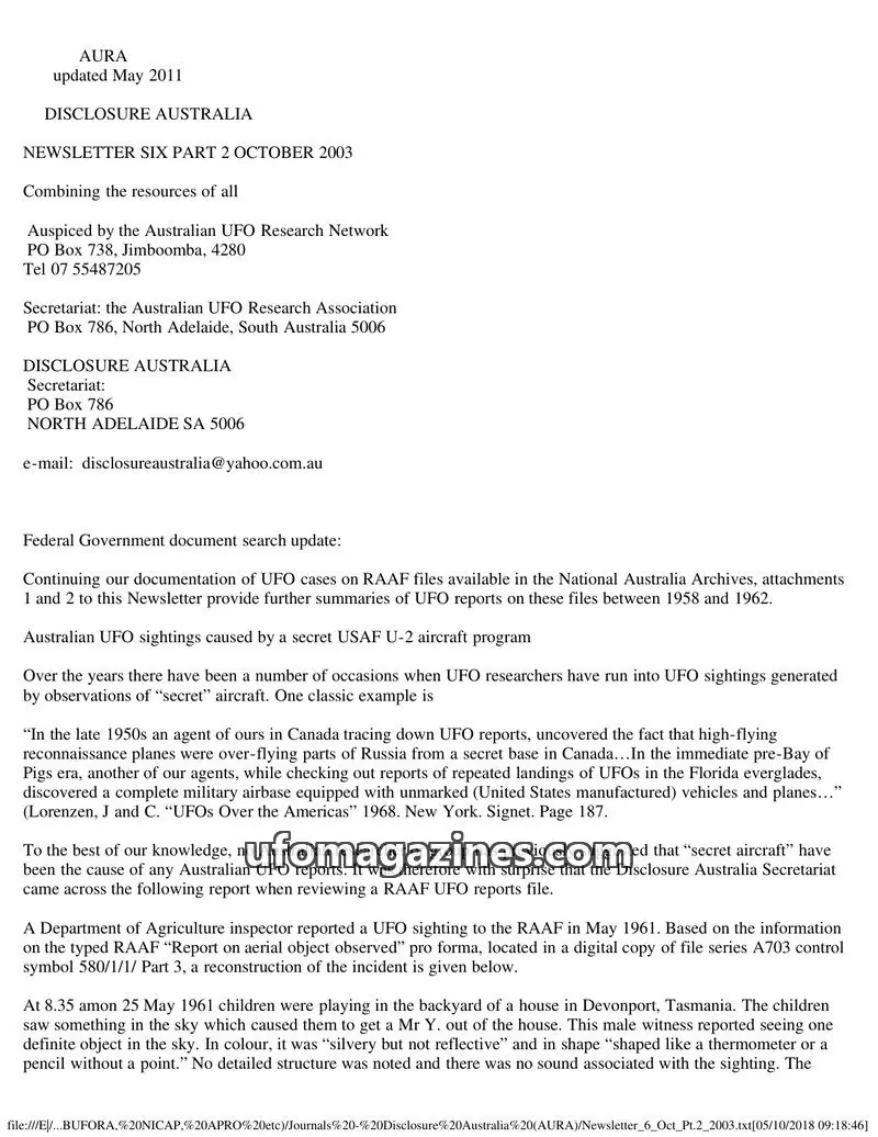 Cover of Australian UFO Research Network issue SIX PART 2: DISCLOSURE AUSTRALIA