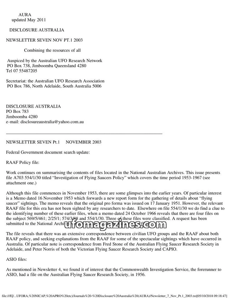 Cover of Australian UFO Research Network issue SEVEN Pt.1: DISCLOSURE AUSTRALIA