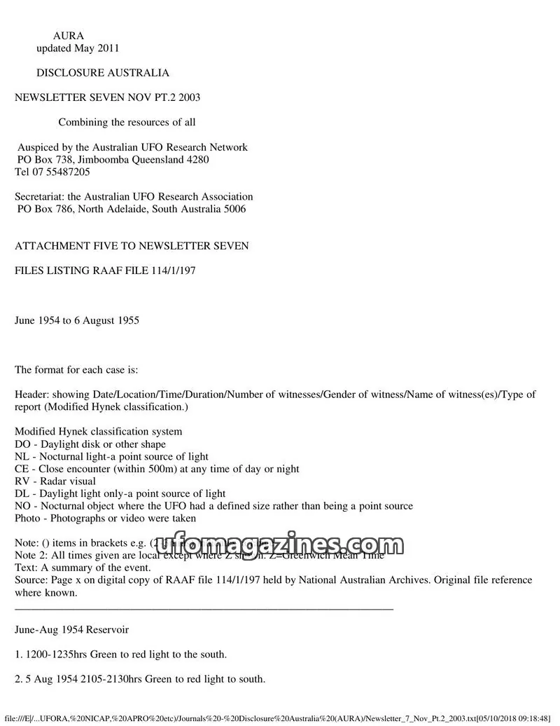 Cover of Australian UFO Research Network issue Newsletter Seven Nov Pt.2: Disclosure Australia