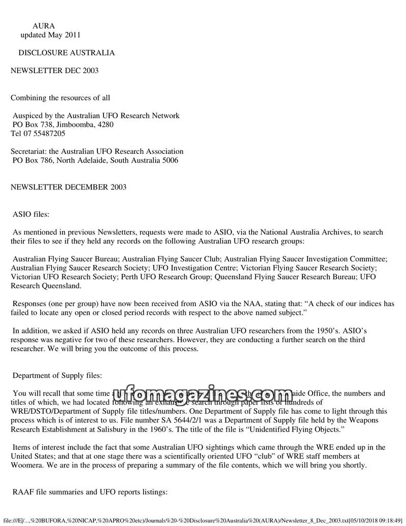 Cover of Australian UFO Research Network issue DEC 2003: DISCLOSURE AUSTRALIA