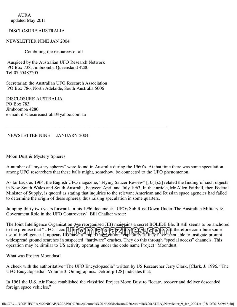 Cover of Australian UFO Research Network issue NEWSLETTER NINE: DISCLOSURE AUSTRALIA