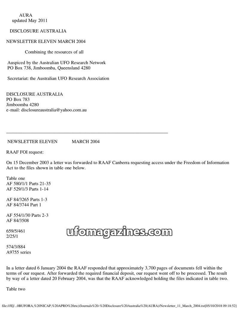 Cover of Australian UFO Research Network issue ELEVEN: DISCLOSURE AUSTRALIA