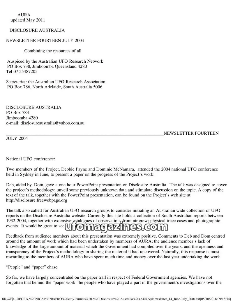 Cover of Australian UFO Research Network issue FOURTEEN: DISCLOSURE AUSTRALIA