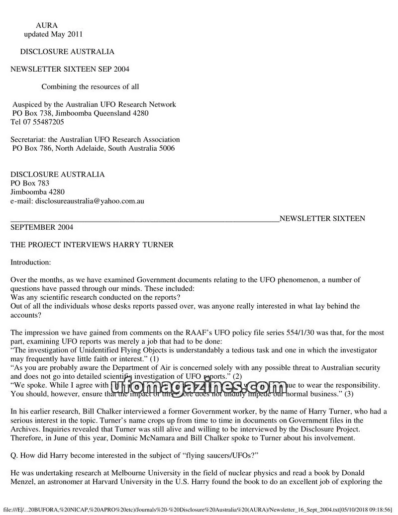 Cover of Australian UFO Research Network issue SIXTEEN: DISCLOSURE AUSTRALIA