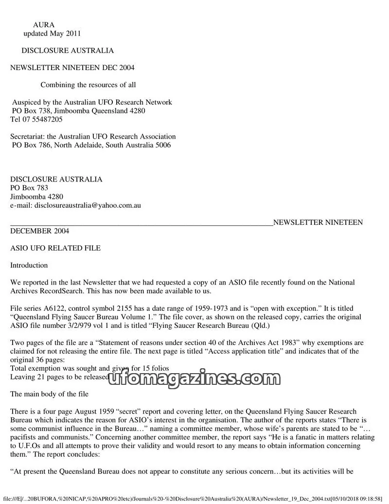 Cover of Disclosure Australia (AURA) issue NEWSLETTER NINETEEN: DISCLOSURE AUSTRALIA
