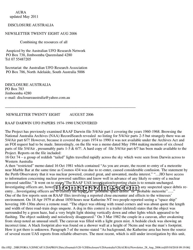 Cover of Australian UFO Research Network issue TWENTY EIGHT: DISCLOSURE AUSTRALIA
